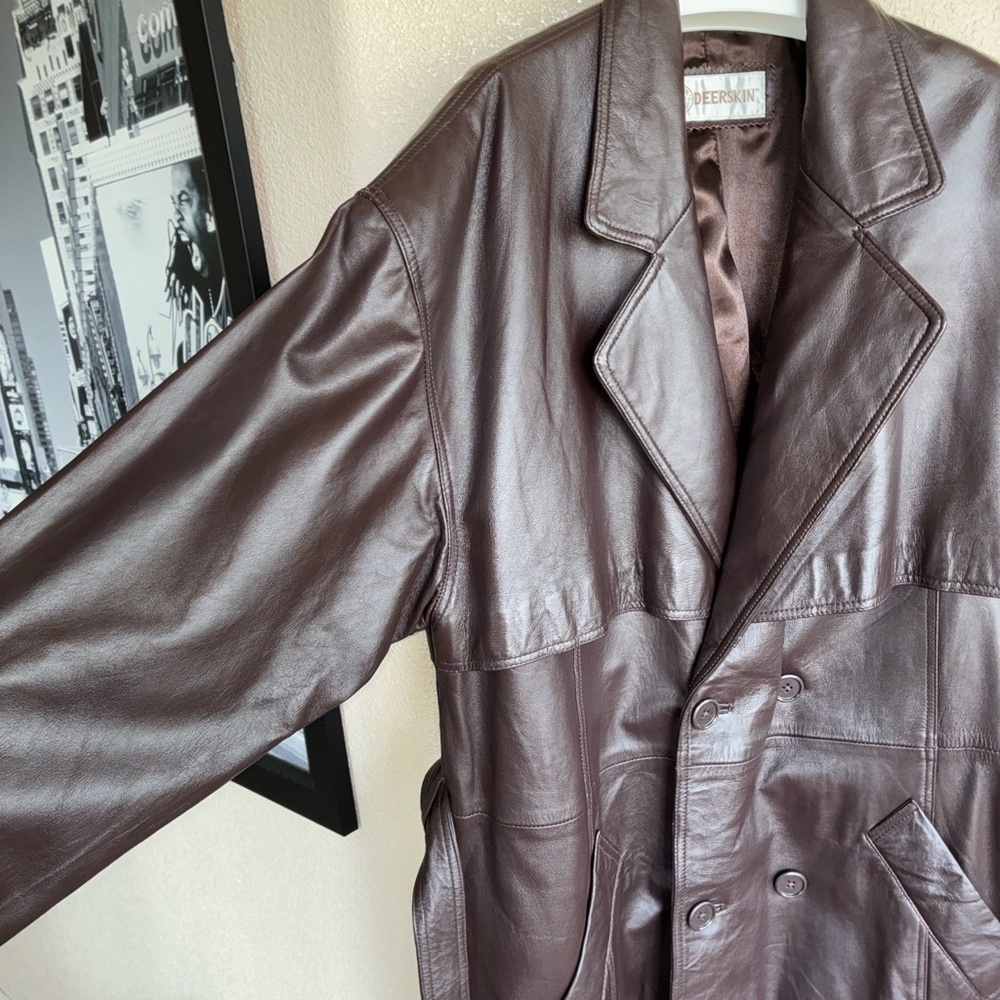 Deerskin Trading Post Leather Trench coat, Chocolate brown, Belted. Unisex. 1X - Picture 5 of 17